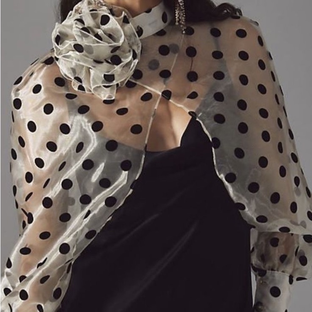Maeve Sheer Organza Balloon Sleeves w/ Black Flocked Polkadots & Big Rosette